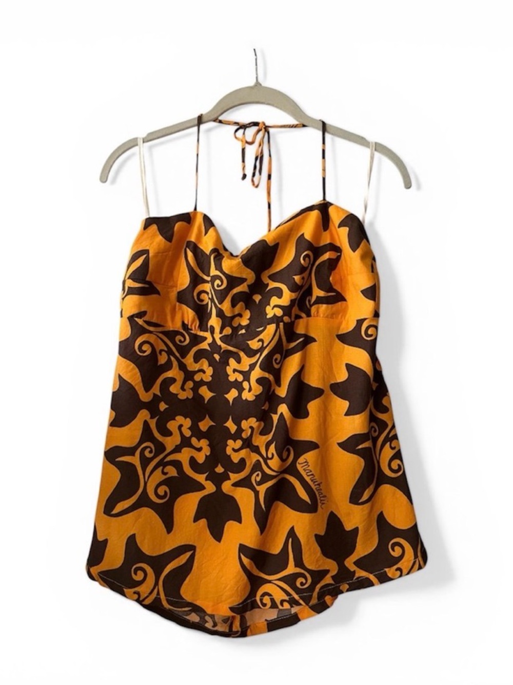 MANUHEALII halter top blouse kukui kuiki/quilt print ~ size large rayon